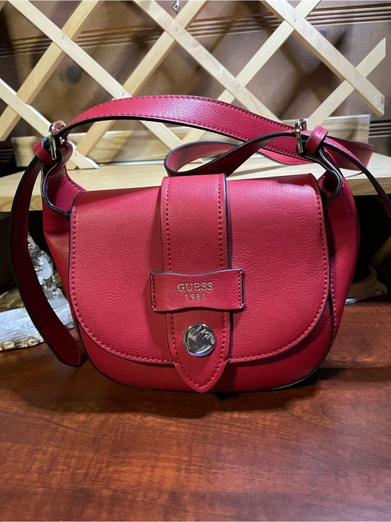 Guess 1981 Handbags - “Guess 1981” Cherry Red Saddle Flap Crossbody Bag / Pebbled Vegan Leather